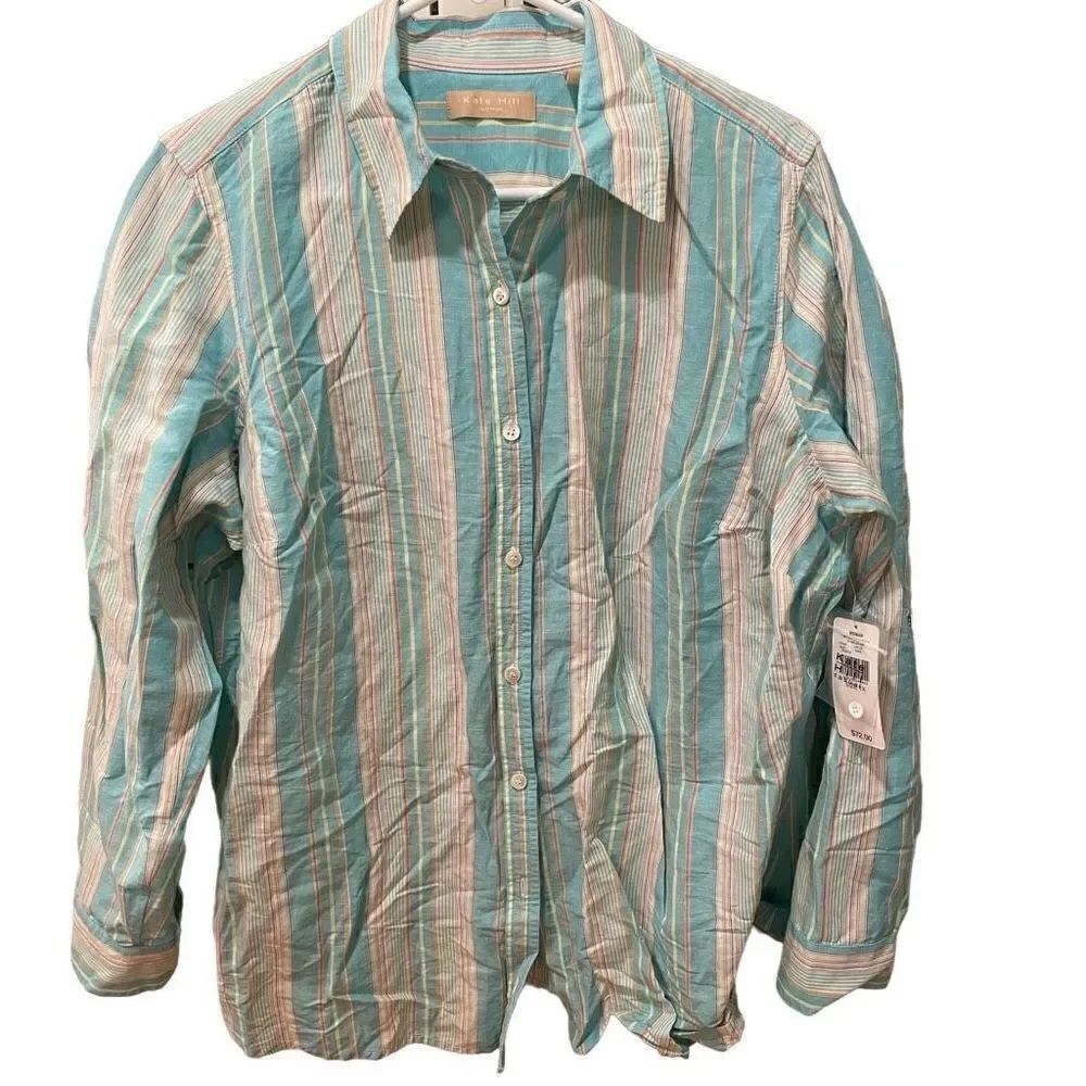 Kate Hill Blouse Womens 1X Linen Button Up Blue Striped Roll Tab Sleeve Collared